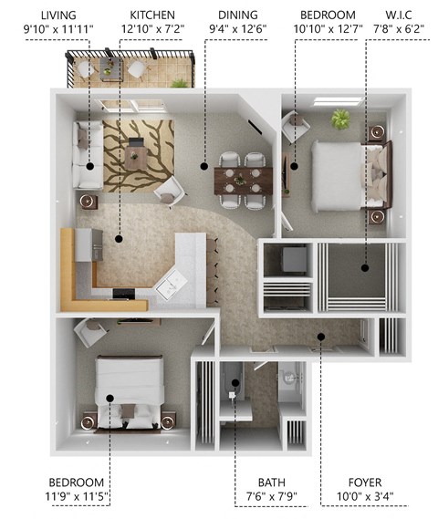 Floor plan for 2 beds, 1 bath, 890 sqft